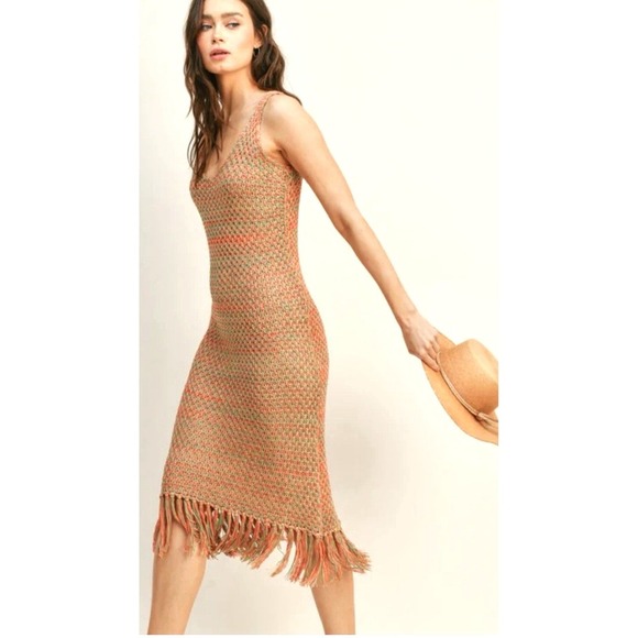 CJ Cruz Dresses & Skirts - NEW! Crochet Knit Midi Dress Fringe Hem Sleeveless Bohemian Orange Green SZ S